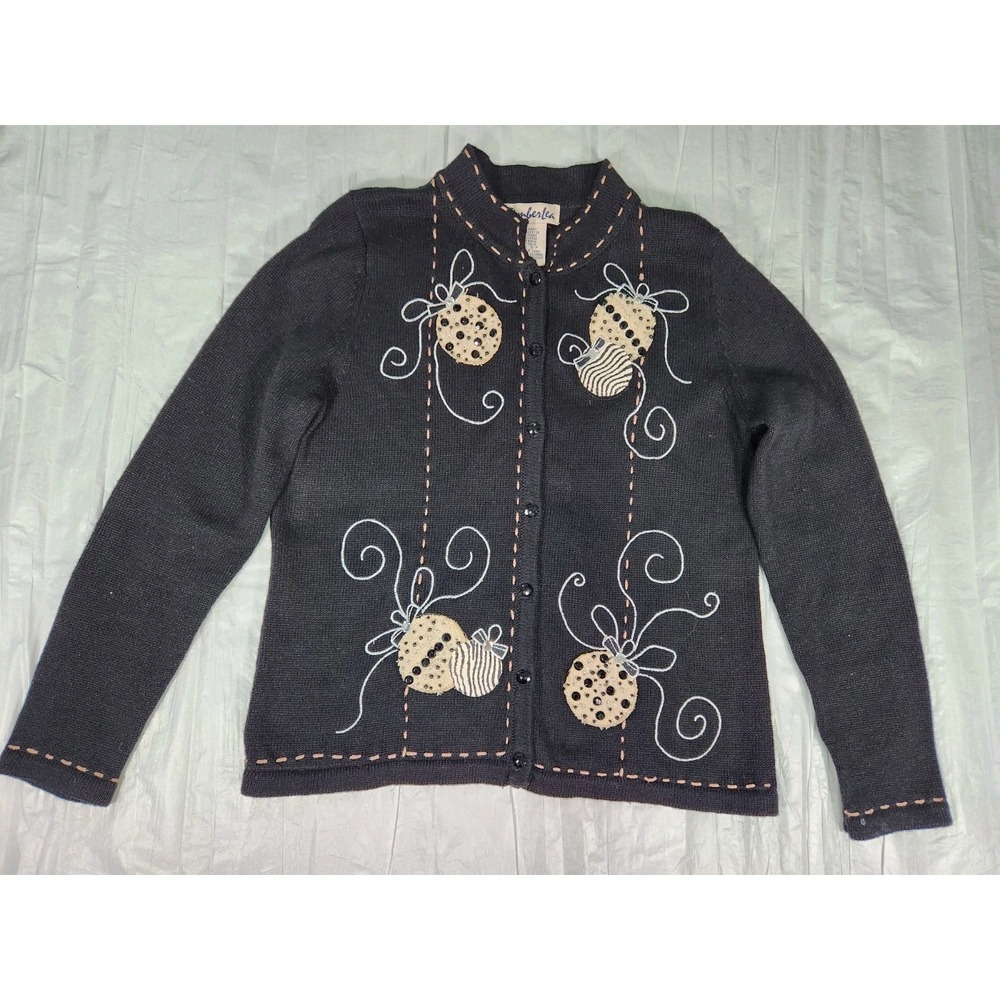 TimberLea Vintage Christmas Black Sweater Embellished Cardigan Small S Ornaments - Picture 3 of 8
